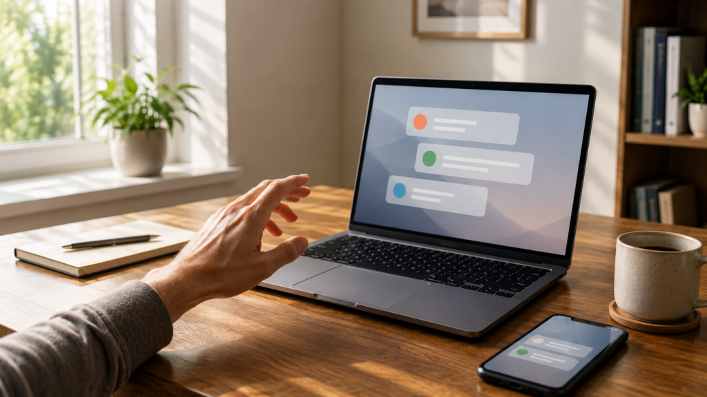 A hand paused near a laptop and phone on a calm home desk with generic notification shapes.