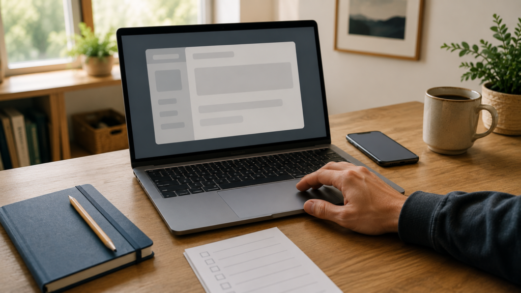 A hand paused near a laptop on a calm desk while checking what changed before taking action.